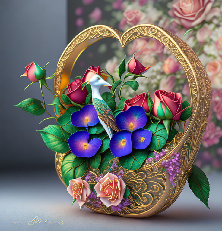 Golden Heart-Shaped Basket with Peacock and Colorful Flowers on Floral Background