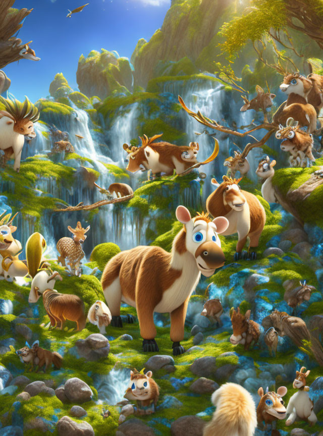 Enchanting forest scene with animated creatures near a waterfall