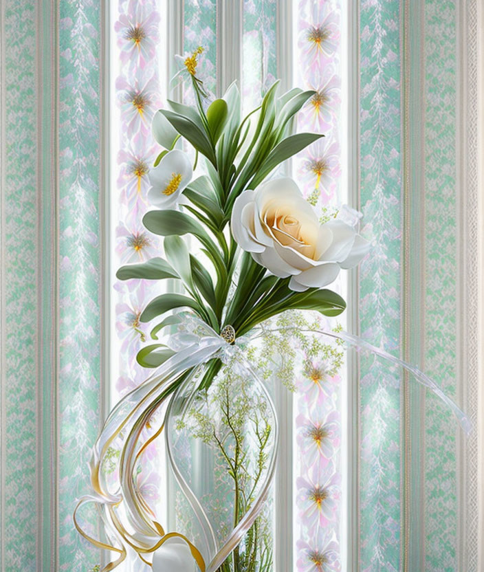White Flower Arrangement with Ribbons on Floral Pastel Background