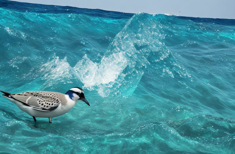 Bird on Clear Blue Water with Crashing Waves