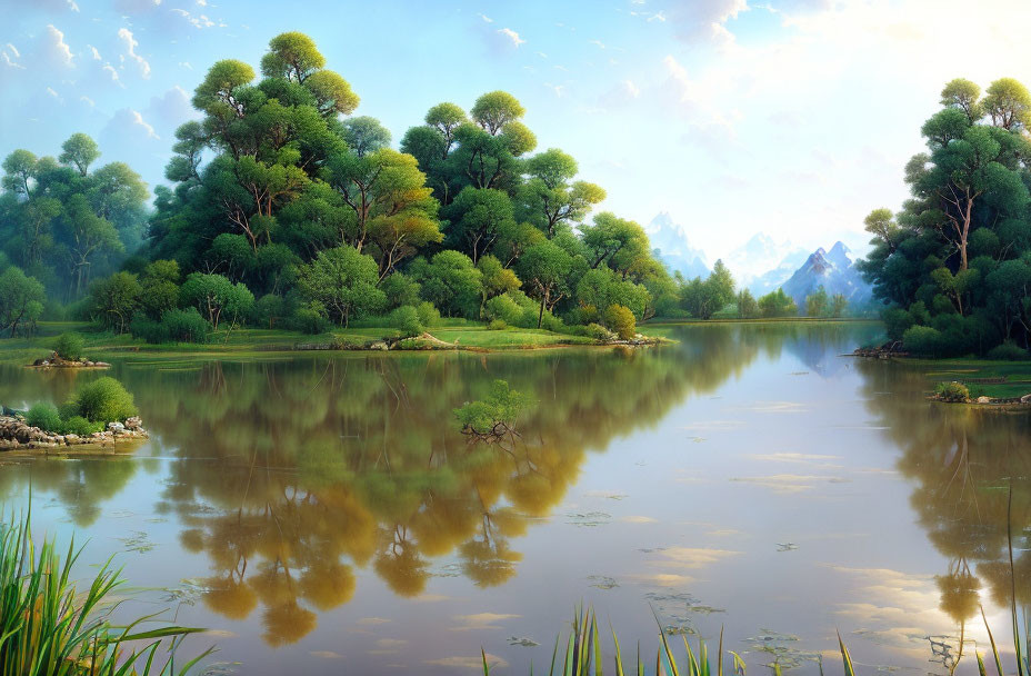 Scenic river landscape with lush trees and mountains