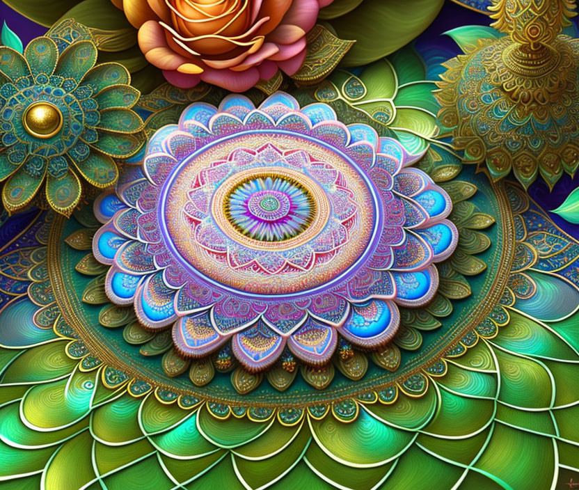 Colorful digital artwork with intricate mandala patterns and floral elements