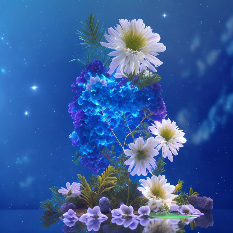 Blue and white flowers on a starry night background