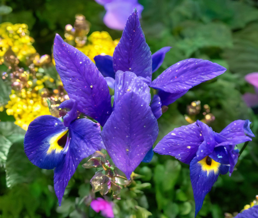 Vibrant Purple Pansies with Yellow Centers and Water Droplets in Greenery