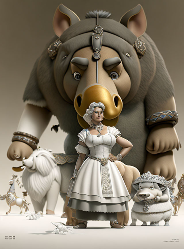 Stylized artwork featuring female figure and oversized animal heads