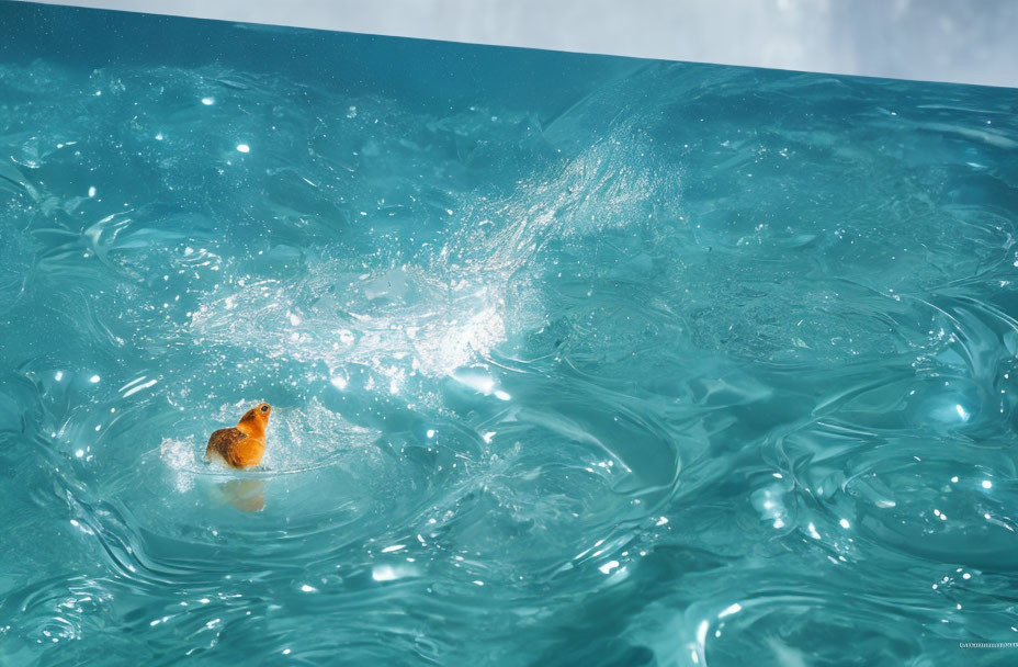 Vibrant orange leaf floating on turquoise water with sunlight reflections