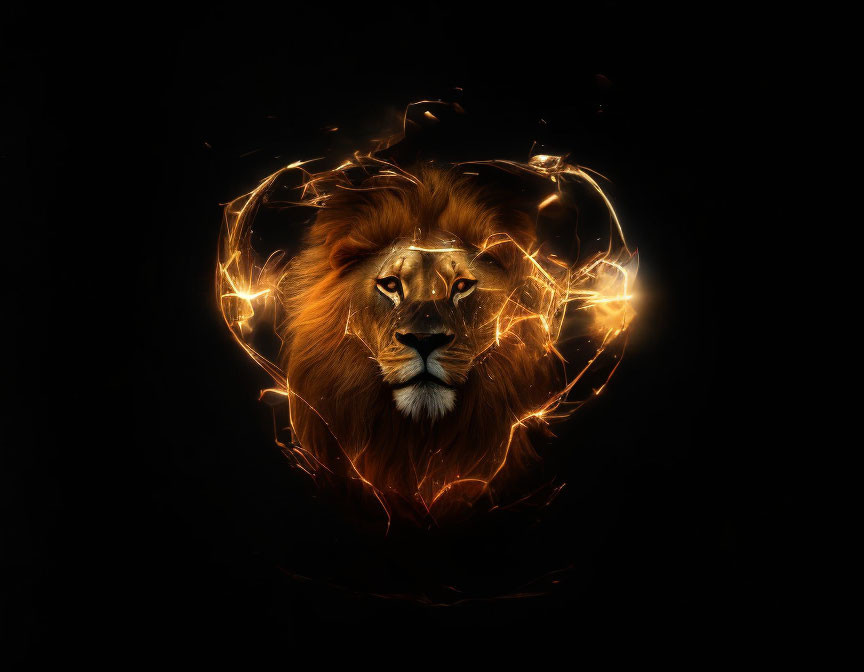 Majestic lion head with fiery mane on black background