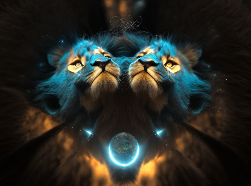 Mirrored lion with blue fur and Earth on dark background