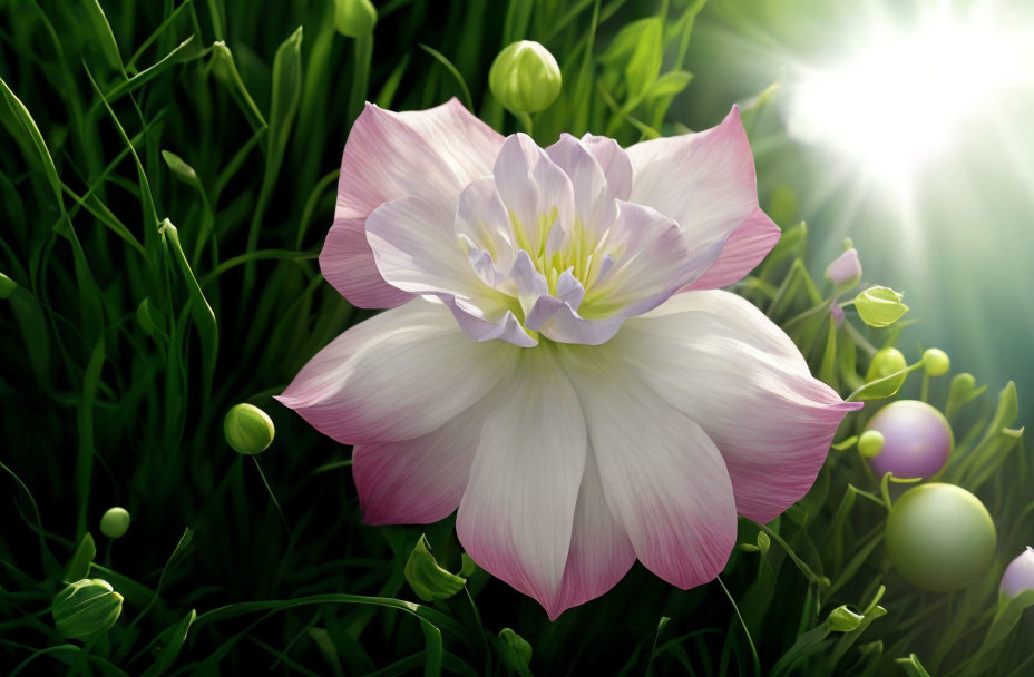 Pink and White Flower Blooming in Greenery with Sunlight Background