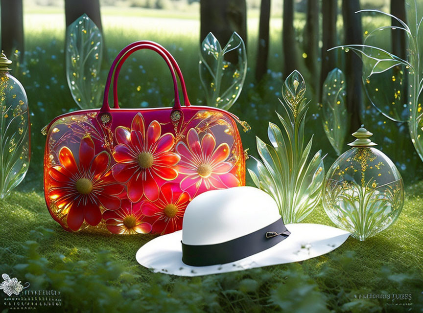 Red Floral-Patterned Handbag and White Brimmed Hat in Forest Scene