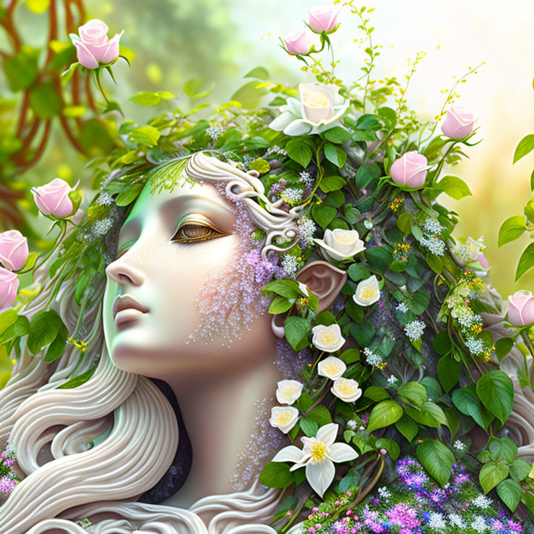 Female face merged with nature and flowers in serene artwork