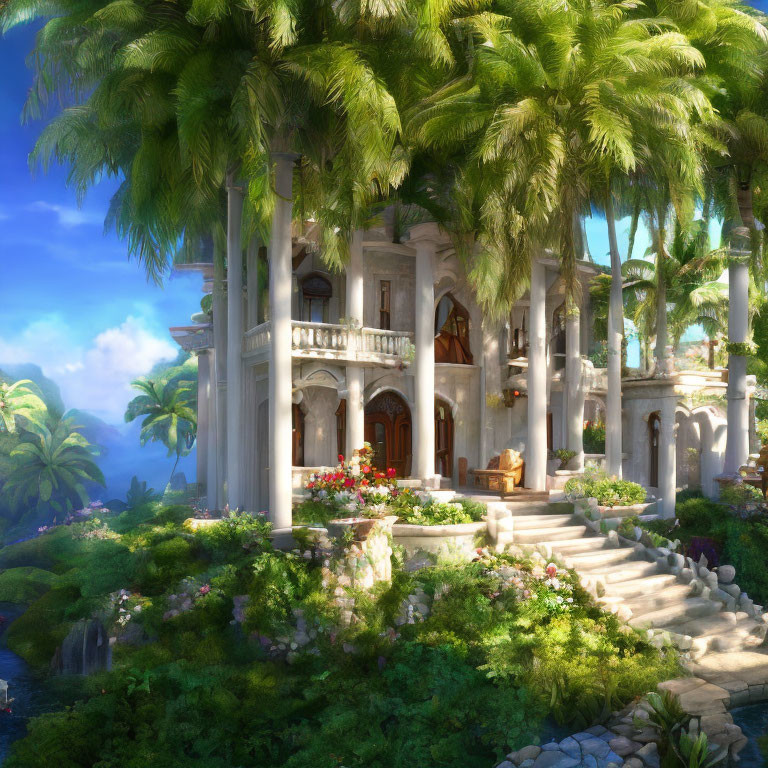 Elegant white villa in lush tropical garden with tall columns