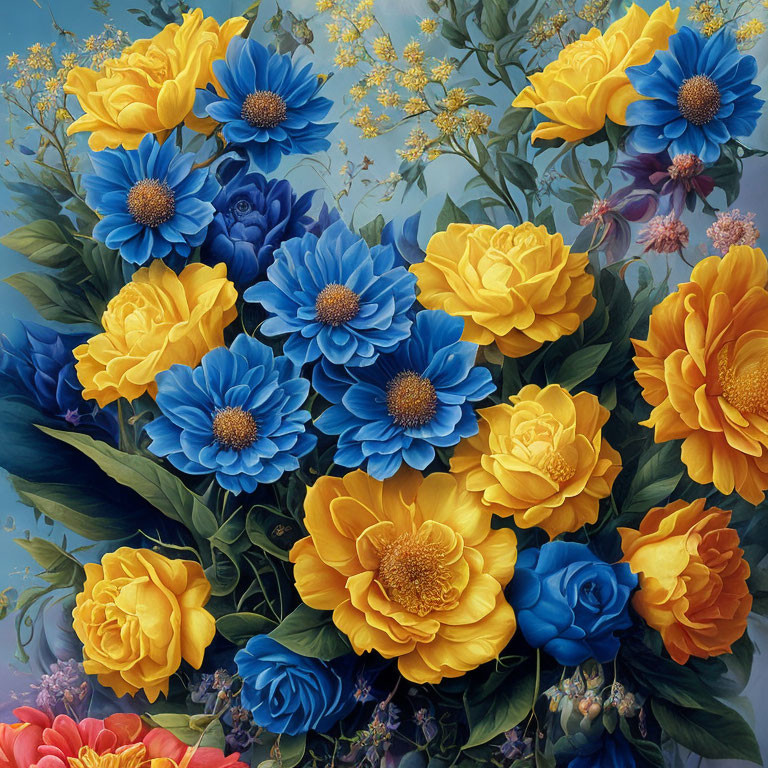Blue and Yellow Flower Bouquet on Green Leaves Background
