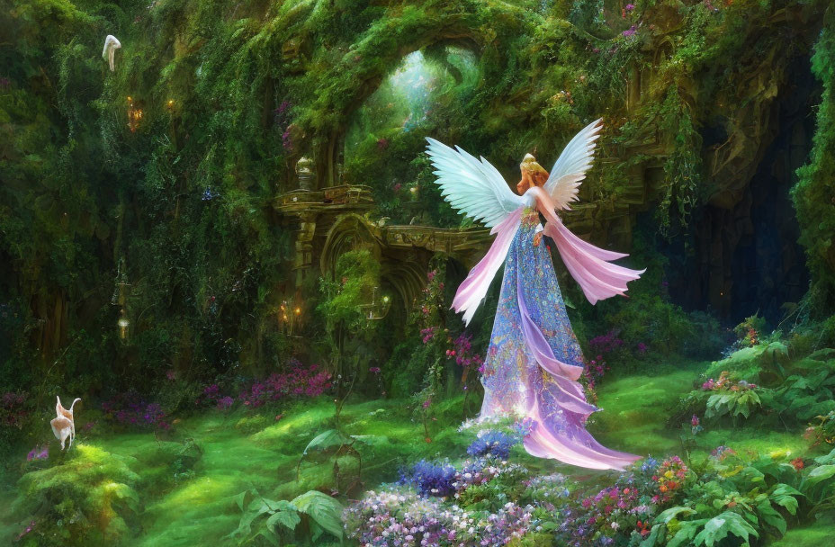 Radiant angel with expansive wings in mystical forest with flowers, ruin, rabbit, and white bird