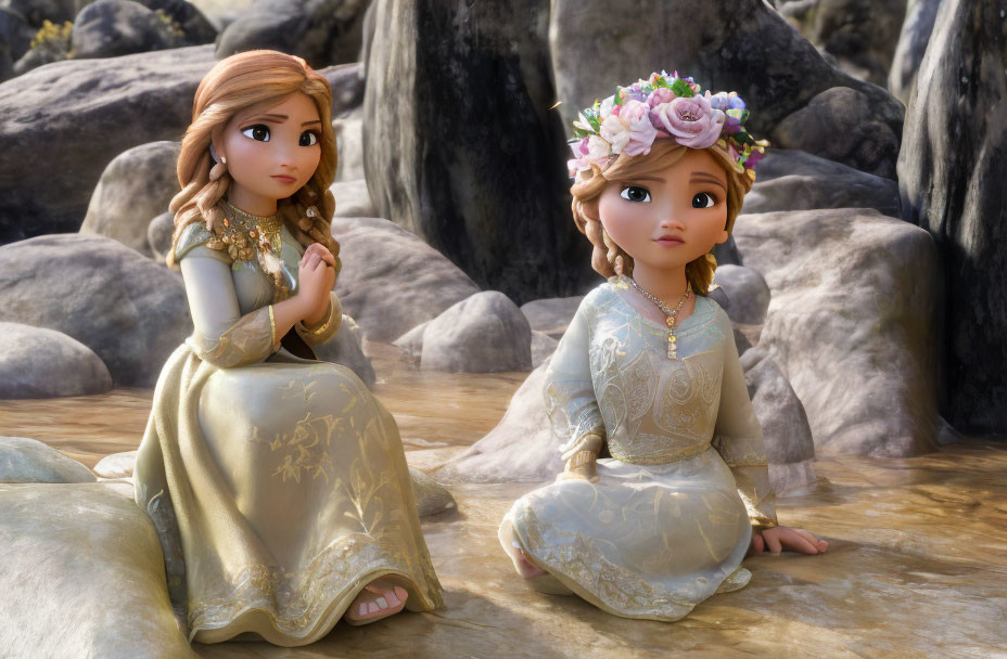 Animated young woman and child in regal attire with flower crowns on rocks.