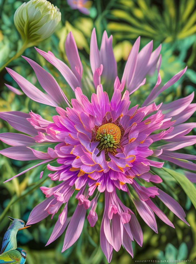 Detailed Pink Dahlia with Yellow and Green Center in Garden Setting