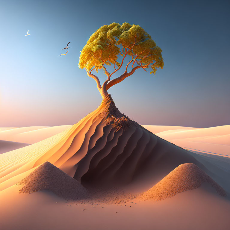 Golden-leaved tree on sand dune under pastel sky with bird in flight