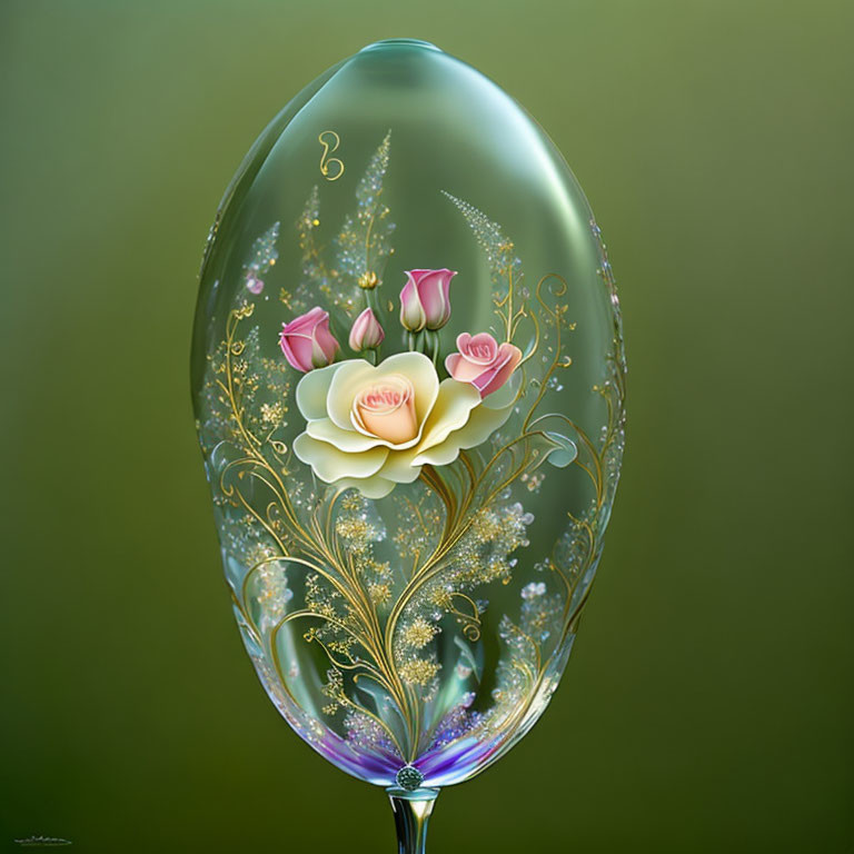 Ornate egg-shaped glass with floral patterns on translucent background