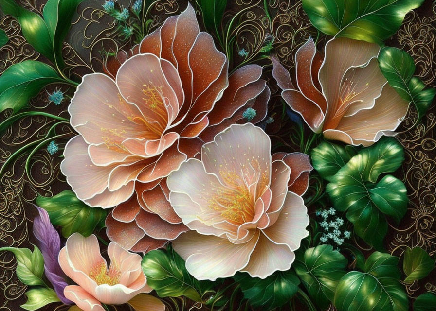 Detailed Digital Art: Stylized Brown and Peach Flowers with Lush Green Leaves