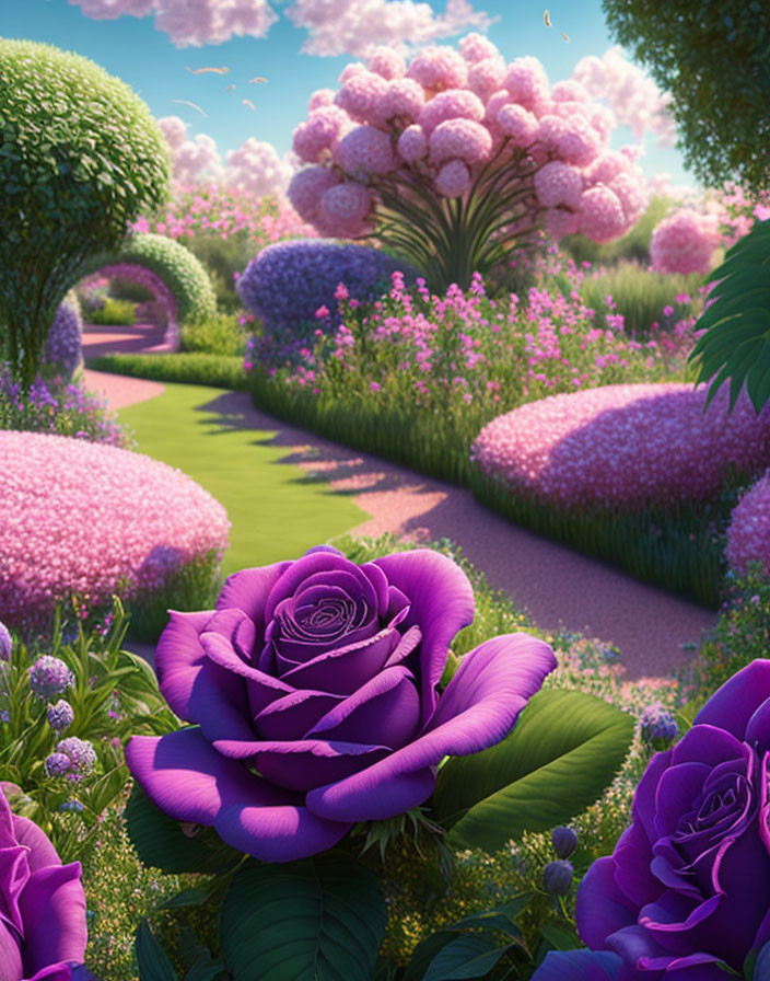 Fantasy Garden with Oversized Purple Roses and Topiaries