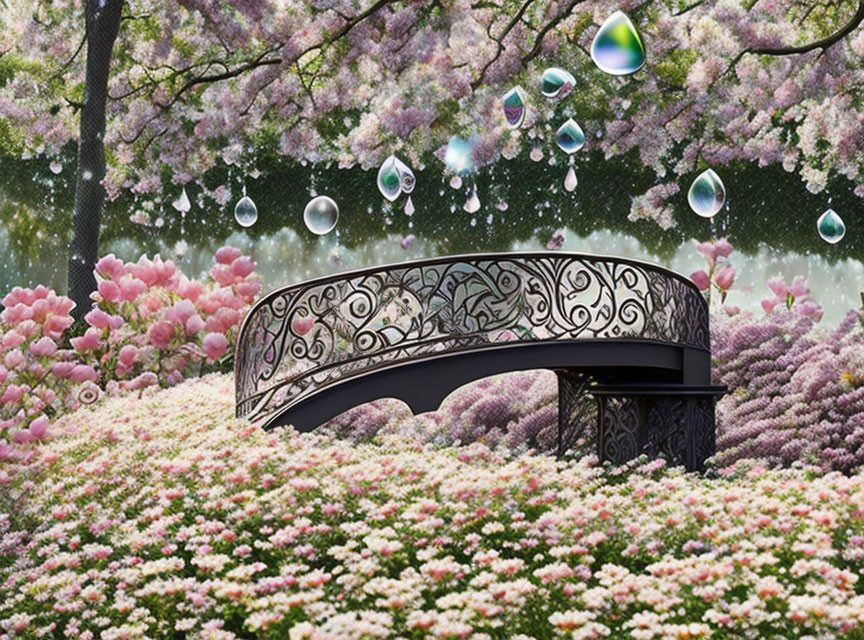 Ornate black iron bench in pink and white flower garden with cherry blossom trees