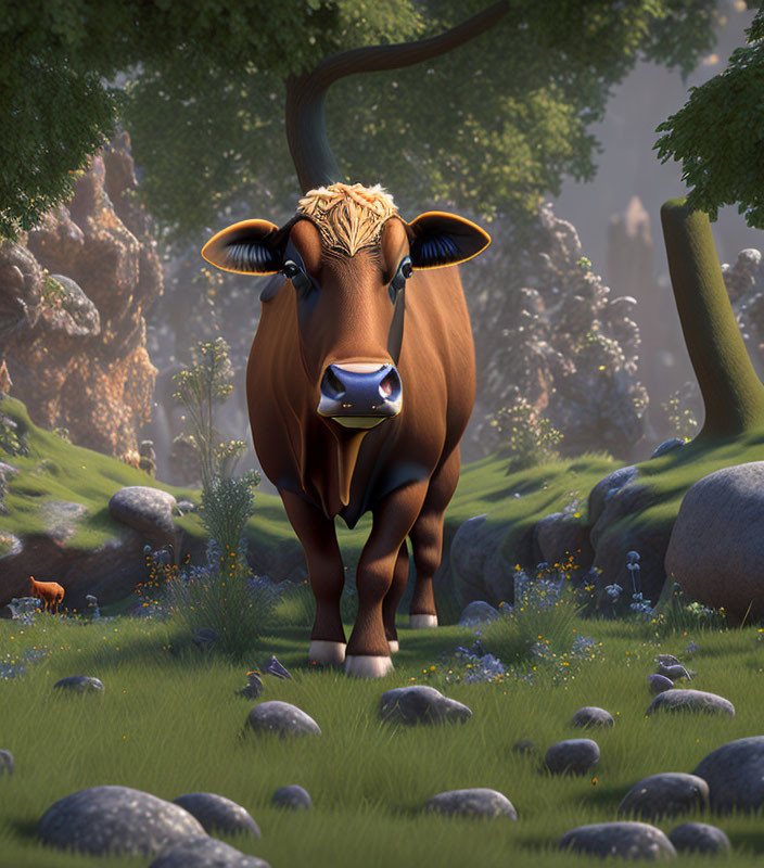 Brown bull in serene forest clearing with rocks, grass, and trees in 3D animation