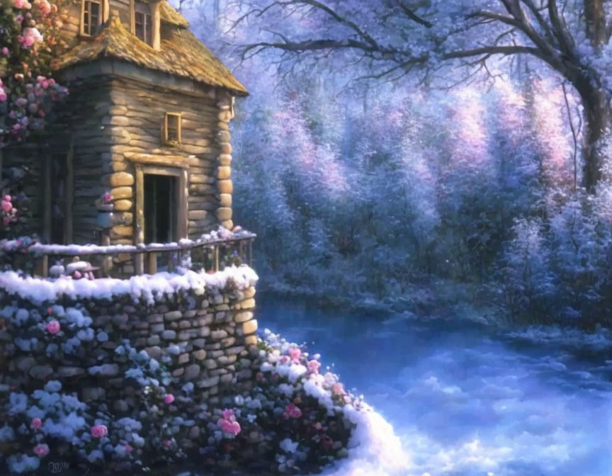 Stone cottage by frozen stream among snow-covered trees and pink flowers