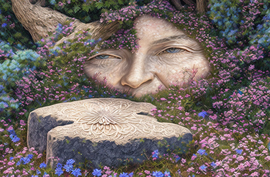 Stone Carved Flower Among Camouflaged Face and Blossoming Flowers