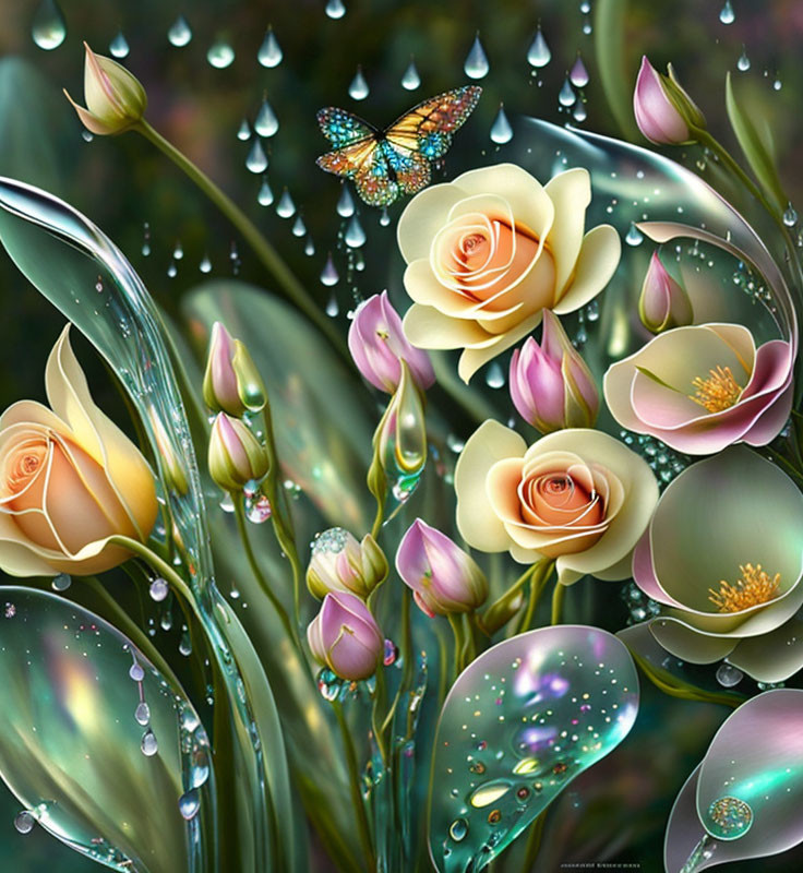 Colorful digital artwork featuring roses, tulip-like flowers, butterfly, and dewdrops