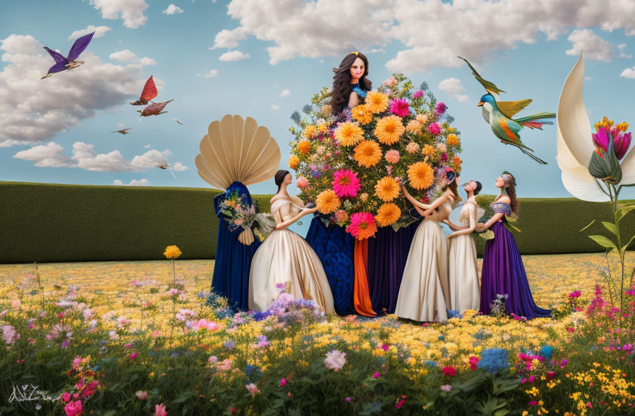 Colorful tableau of women on floral float in blossoming field under blue sky