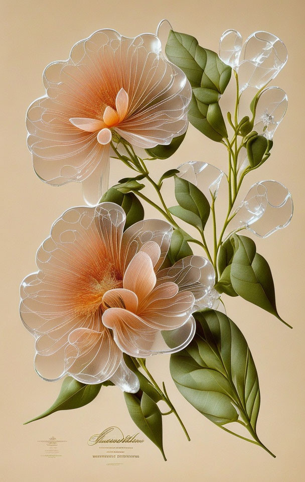 Floral Artwork: Transparent Petals & Realistic Foliage on Beige Background
