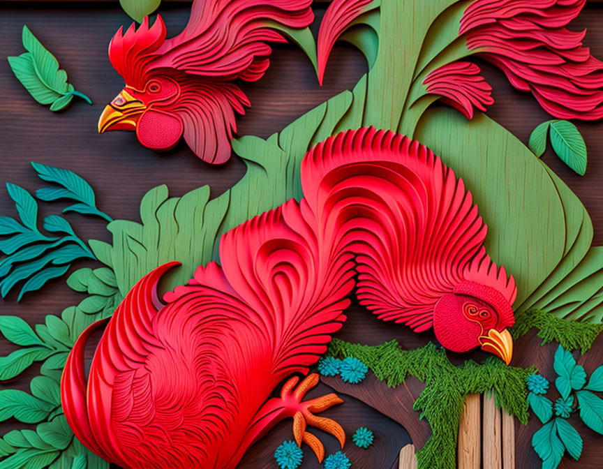 Colorful 3D paper art of red roosters in foliage on wooden backdrop