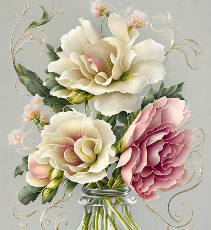 Cream-Colored Lilies and Pink Rose Bouquet in Clear Vase Digital Artwork