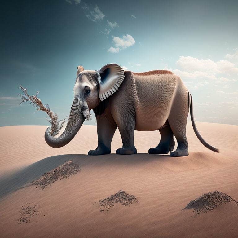 Whimsical elephant with short legs in desert scenery