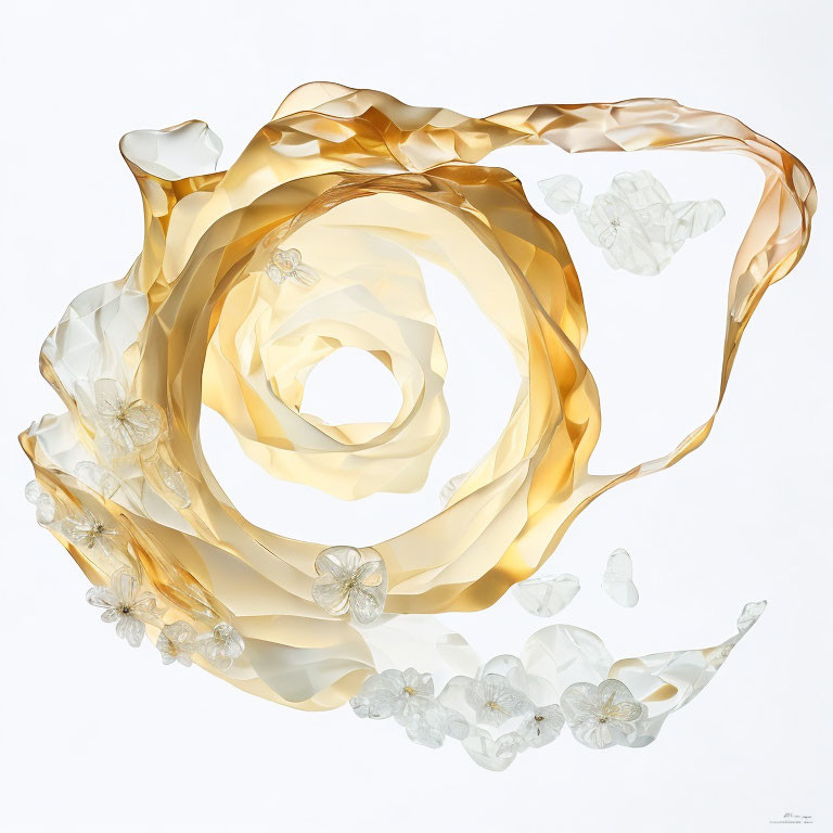 Golden and translucent rose petals with clear crystalline shapes on white background