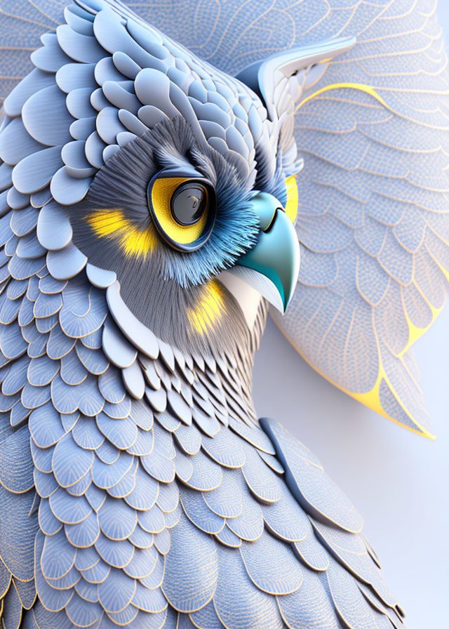Detailed digital artwork: Owl with blue, gray, yellow feathers & large mesmerizing eye