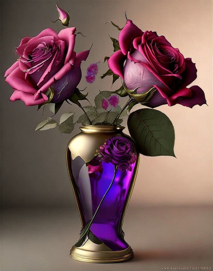 Two vibrant roses in purple vase with gold base on neutral background