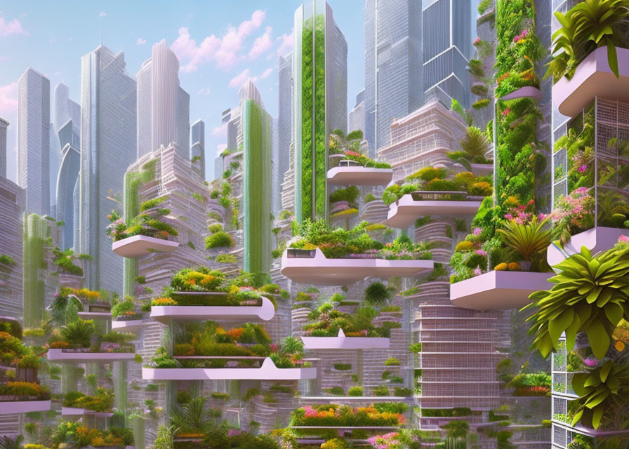 Futuristic cityscape with vertical gardens and high-rise buildings