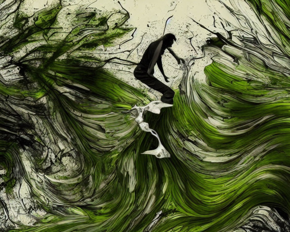 Abstract Green Wave Surfing Artwork with Dynamic Swirling Patterns