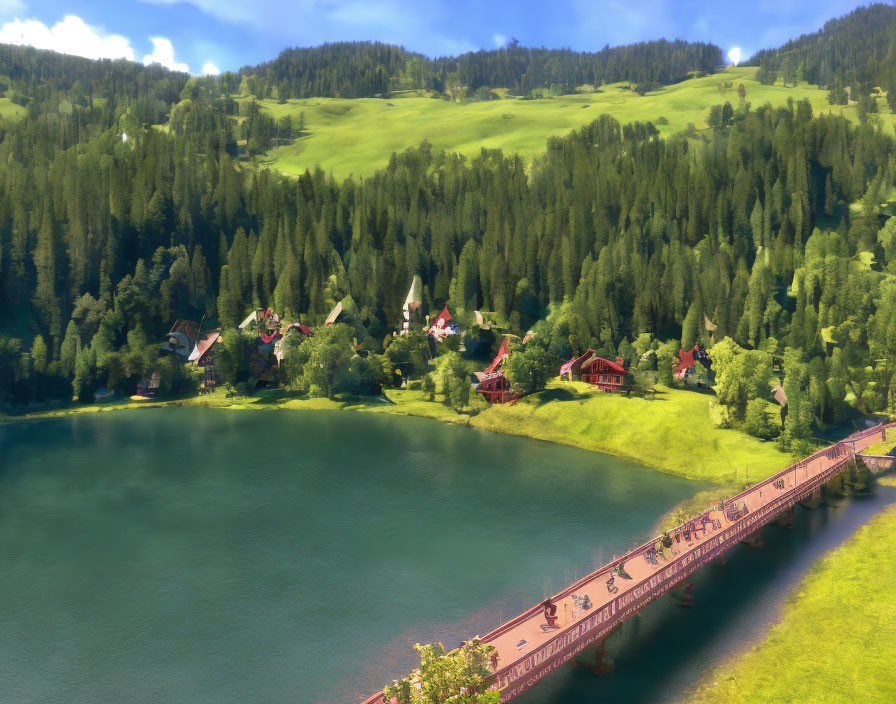 Tranquil green valley with lake, houses, and wooden bridge