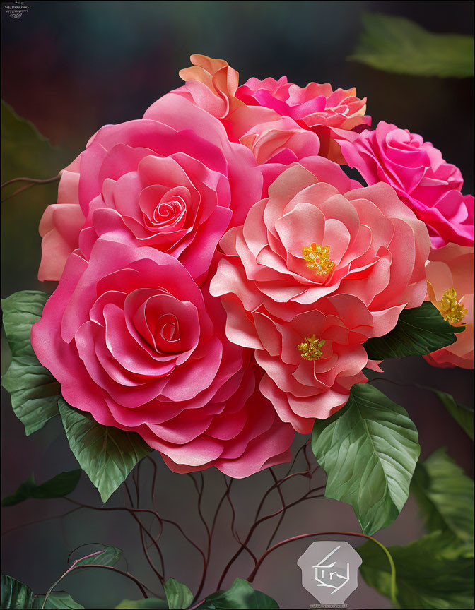 Pink Roses Bouquet with Green Leaves on Soft-focus Background