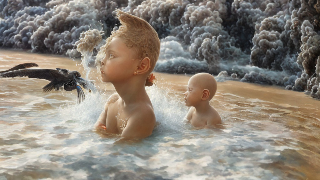 Two Babies with Angelic Wings Splashed by Bird in Dramatic Cloudy Landscape