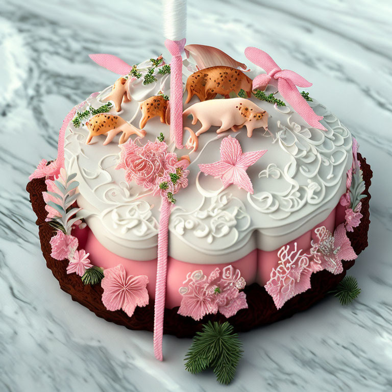 Detailed Fondant Cake: Pink Ribbons, Floral Decor, Animal Figurines, White Iced