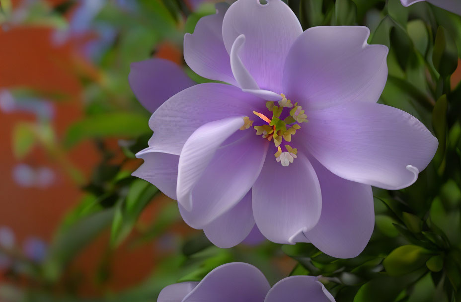 Purple flower with yellow stamens on green foliage backdrop