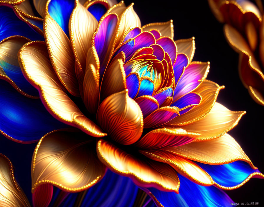 Colorful fractal flower artwork with blue and orange petals on dark backdrop