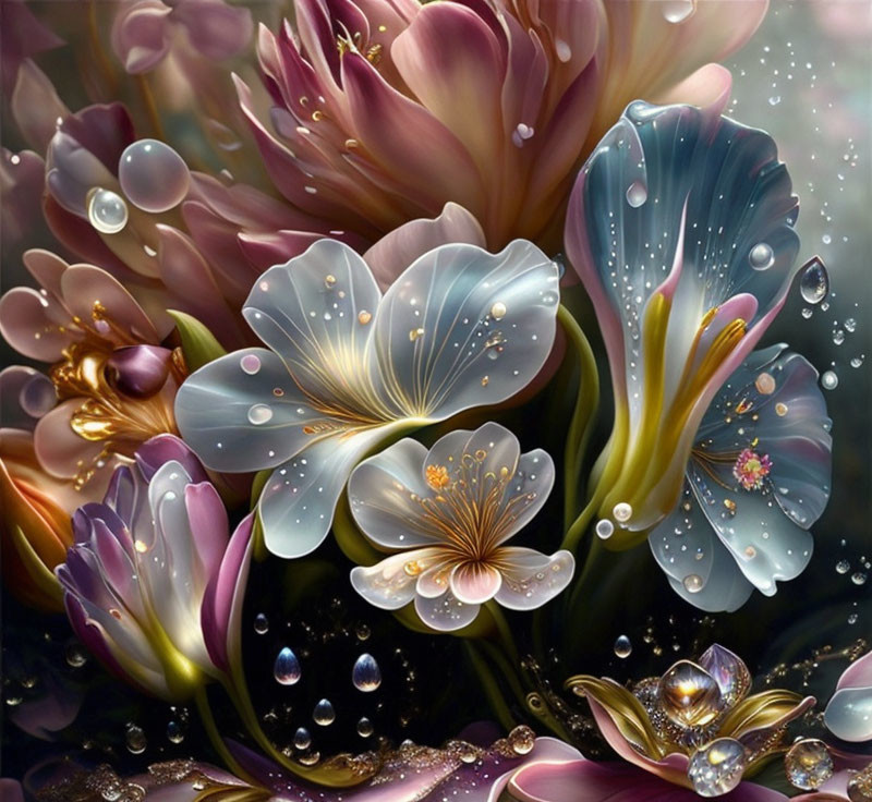 Pastel Blooming Flowers with Water Droplets and Bubbles