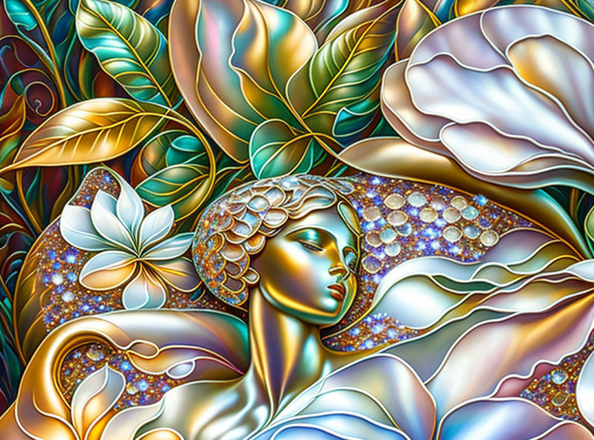 Stylized woman in vibrant floral backdrop with intricate patterns