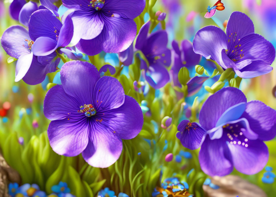 Vibrant purple flowers with yellow centers and a butterfly on blurred green backdrop