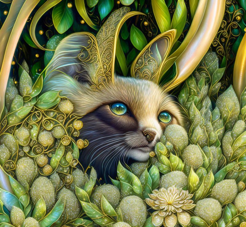 Fantastical cat illustration with vivid blue eyes in lush green foliage