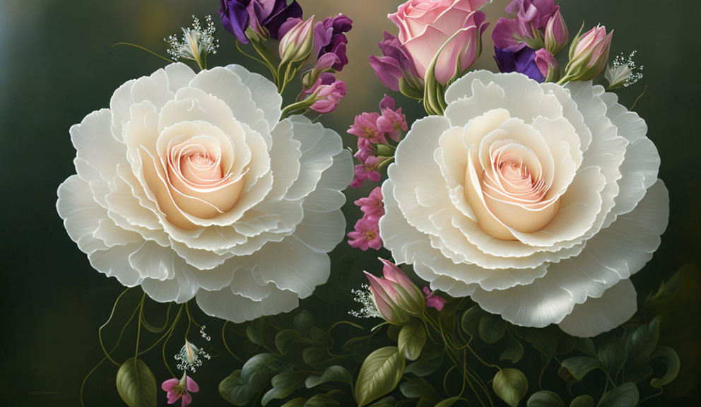 White and Pink Roses Among Purple and Pink Flowers on Green Background